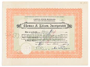 EDISON, THOMAS A. Partly-printed Document Signed, as President of Thomas A. Edison Incorporated, stock certificate for 120 shares of TA